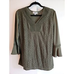 Olive Green Top with Lace Overlay Detail - Size L